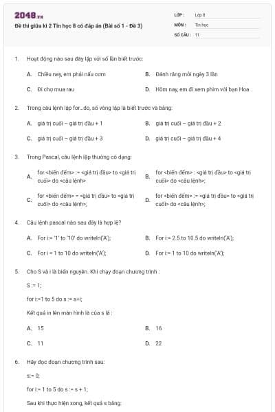 Đề thi giữa kì 2 Tin học 8 có đáp án (Bài số 1 - Đề 3)