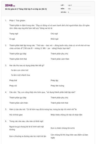 Đề thi giữa kì 2 Tiếng Việt lớp 9 có đáp án (Đề 3)