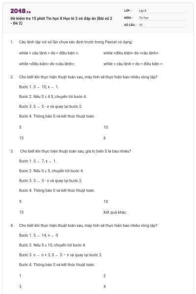 Đề kiểm tra 15 phút Tin học 8 Học kì 2 có đáp án (Bài số 2 - Đề 2)