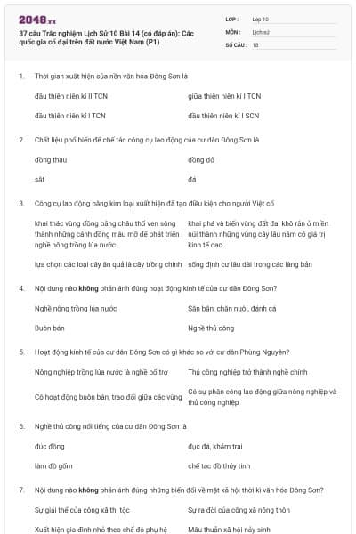 37 câu  Trắc nghiệm Lịch Sử 10 Bài 14 (có đáp án): Các quốc gia cổ đại trên đất nước Việt Nam (P1)