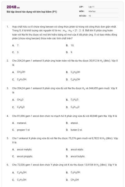 Bài tập Ancol tác dụng với kim loại kiềm (P1)