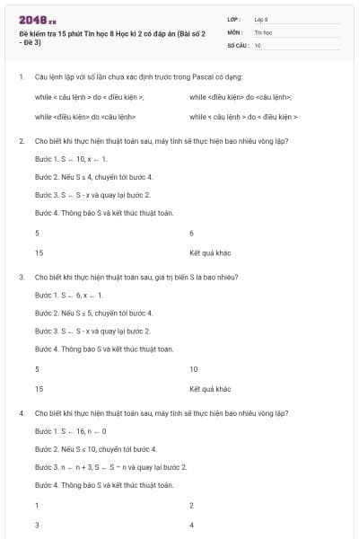 Đề kiểm tra 15 phút Tin học 8 Học kì 2 có đáp án (Bài số 2 - Đề 3)
