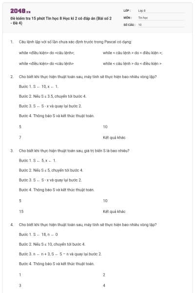 Đề kiểm tra 15 phút Tin học 8 Học kì 2 có đáp án (Bài số 2 - Đề 4)