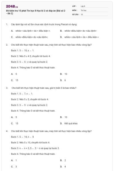 Đề kiểm tra 15 phút Tin học 8 Học kì 2 có đáp án (Bài số 2 - Đề 2)