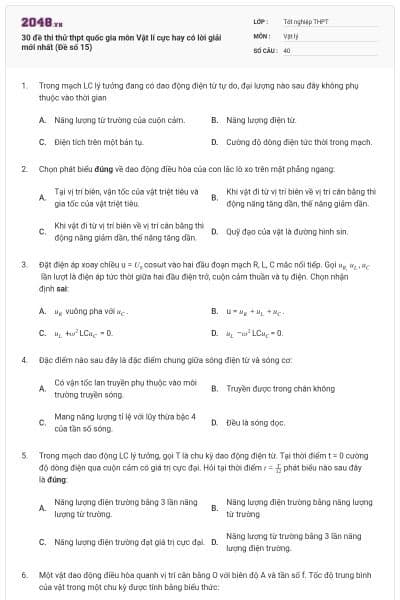 30 đề thi thử thpt quốc gia môn Vật lí cực hay có lời giải mới nhất (Đề số 15)