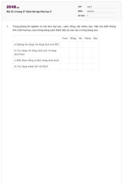 Bài 22.3 trang 27 Sách bài tập Hóa học 9