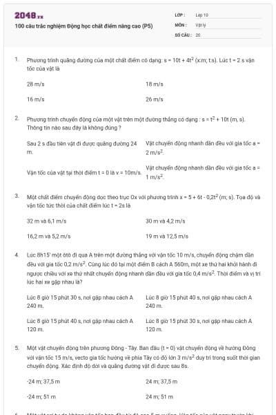 100 câu trắc nghiệm Động học chất điểm nâng cao (P5)