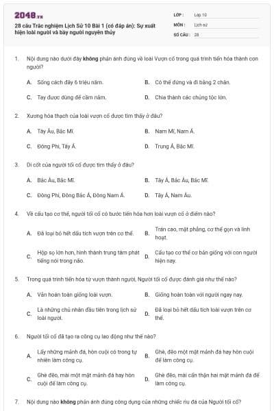 28 câu Trắc nghiệm Lịch Sử 10 Bài 1 (có đáp án): Sự xuất hiện loài người và bầy người nguyên thủy