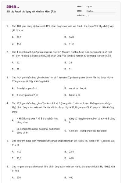 Bài tập Ancol tác dụng với kim loại kiềm (P2)