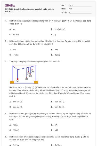 209 Bài trắc nghiệm Dao động cơ hay nhất có lời giải chi tiết (P1)