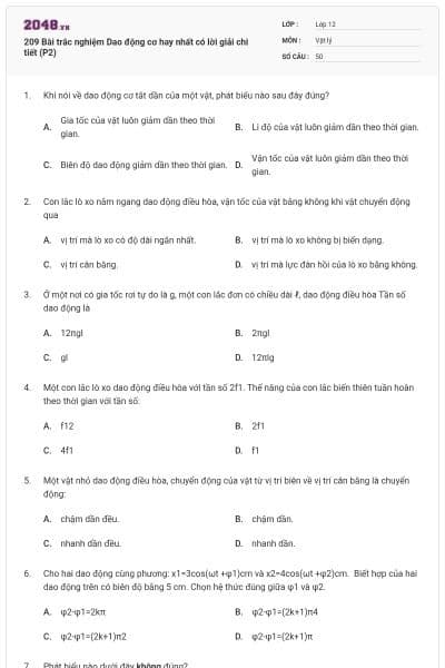 209 Bài trắc nghiệm Dao động cơ hay nhất có lời giải chi tiết (P2)