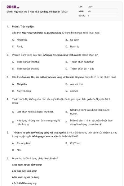 Đề thi Ngữ văn lớp 9 Học kì 2 cực hay, có đáp án (Đề 2)