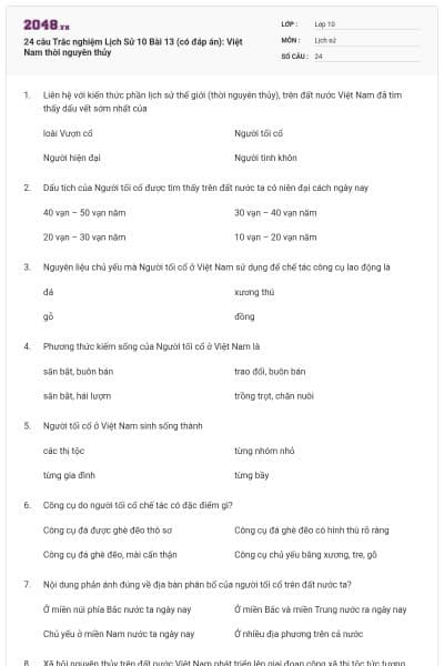24 câu Trắc nghiệm Lịch Sử 10 Bài 13 (có đáp án): Việt Nam thời nguyên thủy