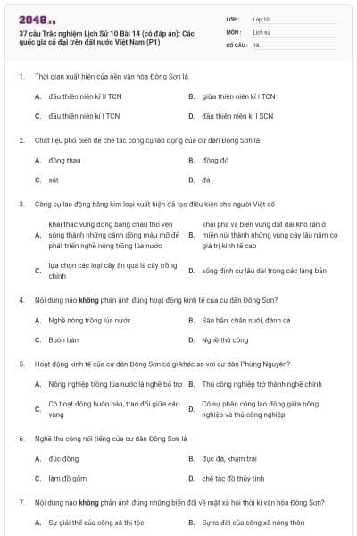 37 câu Trắc nghiệm Lịch Sử 10 Bài 14 (có đáp án): Các quốc gia cổ đại trên đất nước Việt Nam (P1)