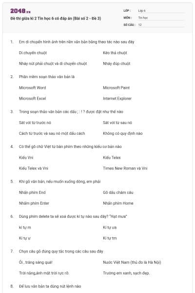 Đề thi giữa kì 2 Tin học 6 có đáp án (Bài số 2 - Đề 3)