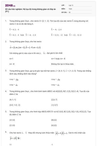 60 câu trắc nghiệm: Hệ tọa độ trong không gian có đáp án (P1)