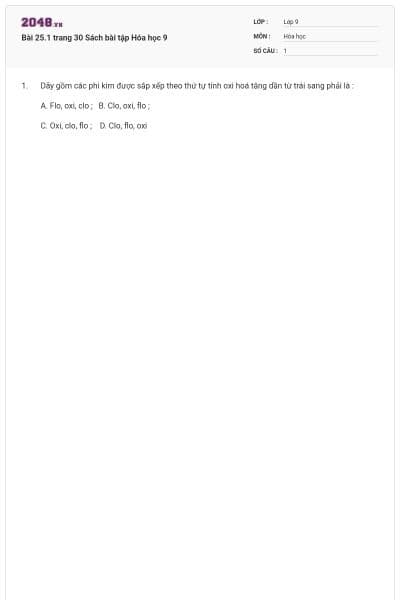 Bài 25.1 trang 30 Sách bài tập Hóa học 9