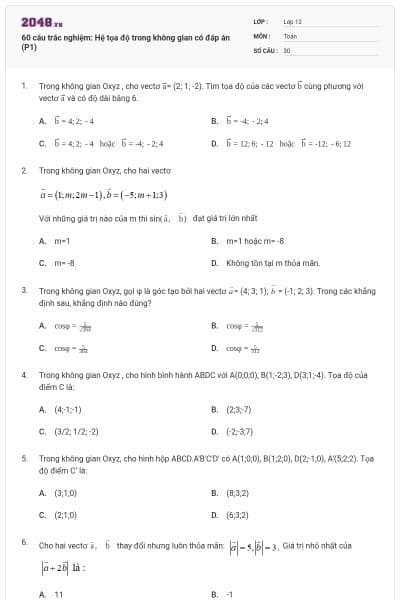 60 câu trắc nghiệm: Hệ tọa độ trong không gian có đáp án (P1)