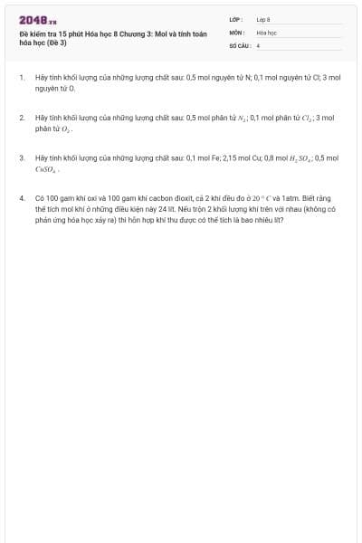 Đề kiểm tra 15 phút Hóa học 8 Chương 3: Mol và tính toán hóa học (Đề 3)