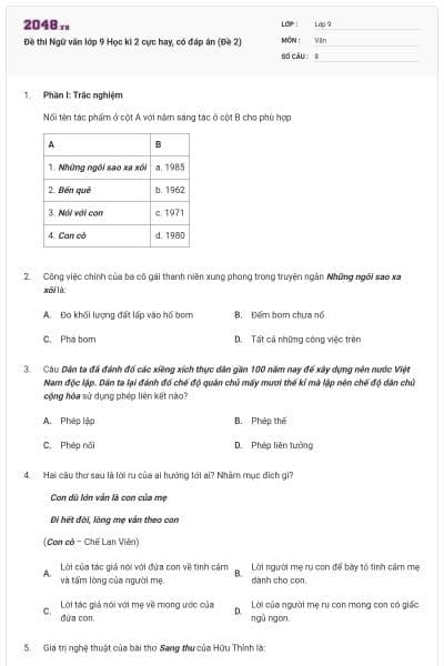 Đề thi Ngữ văn lớp 9 Học kì 2 cực hay, có đáp án (Đề 2)