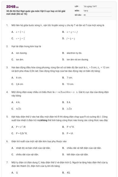 30 đề thi thử thpt quốc gia môn Vật lí cực hay có lời giải mới nhất (Đề số 16)