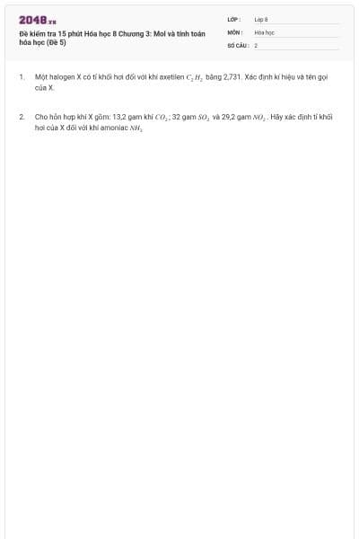 Đề kiểm tra 15 phút Hóa học 8 Chương 3: Mol và tính toán hóa học (Đề 5)