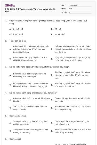 5 Đề thi thử THPT quốc gia môn Vật Lí cực hay có lời giải - Đề 1