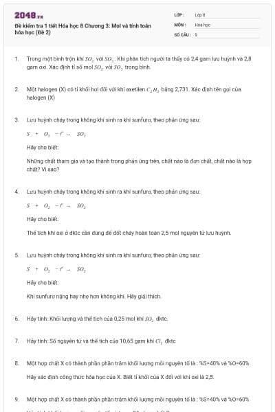 Đề kiểm tra 1 tiết Hóa học 8 Chương 3: Mol và tính toán hóa học (Đề 2)