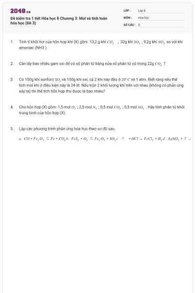 Đề kiểm tra 1 tiết Hóa học 8 Chương 3: Mol và tính toán hóa học (Đề 3)