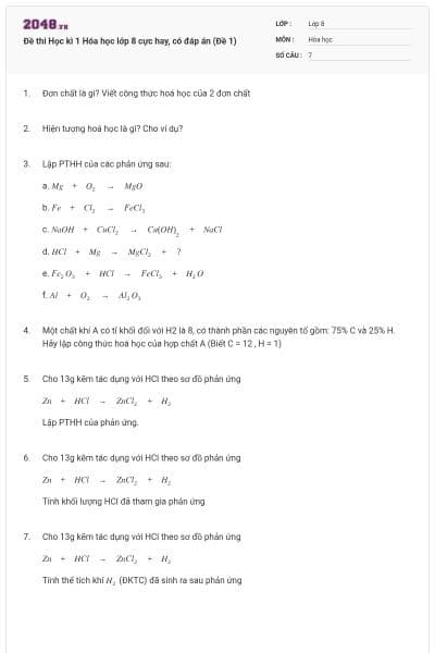 Đề thi Học kì 1 Hóa học lớp 8 cực hay, có đáp án (Đề 1)