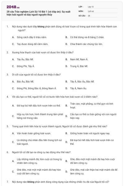 28 câu Trắc nghiệm Lịch Sử 10 Bài 1 (có đáp án): Sự xuất hiện loài người và bầy người nguyên thủy