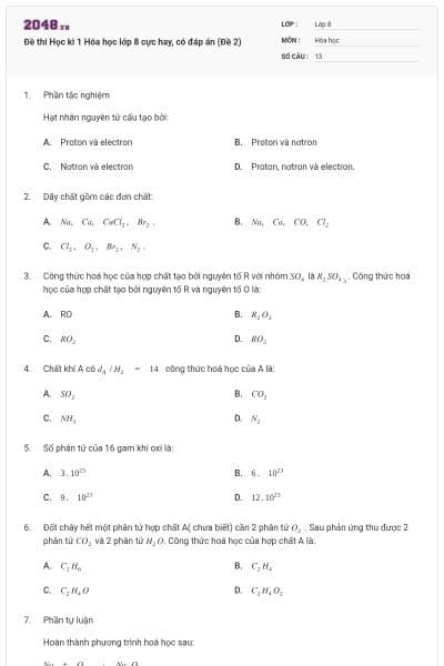 Đề thi Học kì 1 Hóa học lớp 8 cực hay, có đáp án (Đề 2)