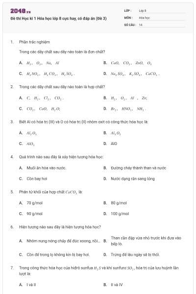 Đề thi Học kì 1 Hóa học lớp 8 cực hay, có đáp án (Đề 3)
