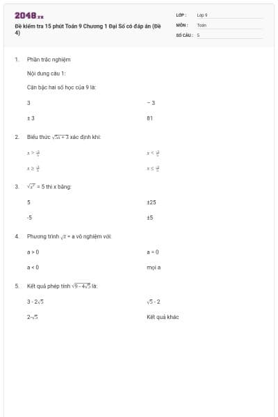 Đề kiểm tra 15 phút Toán 9 Chương 1 Đại Số có đáp án (Đề 4)