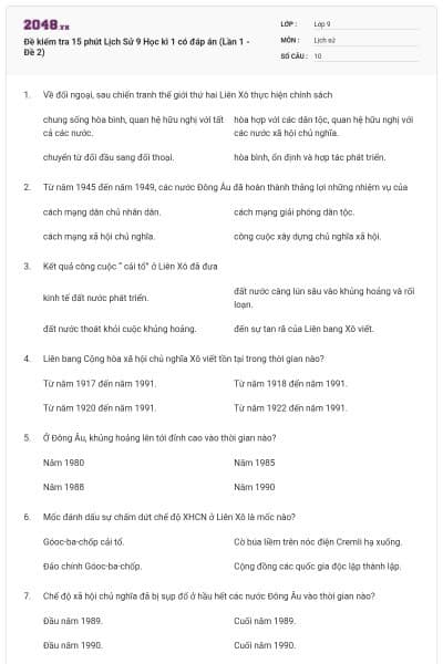 Đề kiểm tra 15 phút Lịch Sử 9 Học kì 1 có đáp án (Lần 1 - Đề 2)