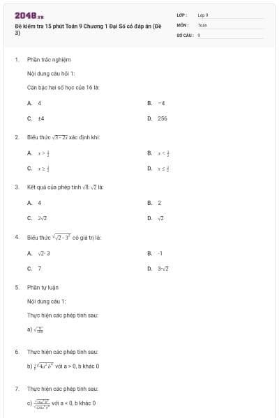 Đề kiểm tra 15 phút Toán 9 Chương 1 Đại Số có đáp án (Đề 3)