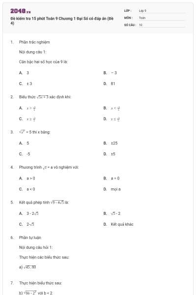 Đề kiểm tra 15 phút Toán 9 Chương 1 Đại Số có đáp án (Đề 4)