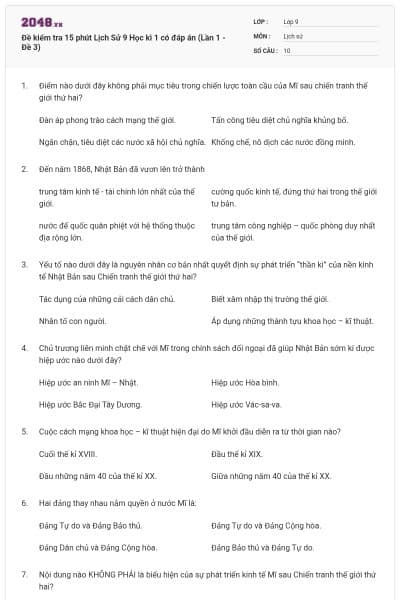 Đề kiểm tra 15 phút Lịch Sử 9 Học kì 1 có đáp án (Lần 1 - Đề 3)