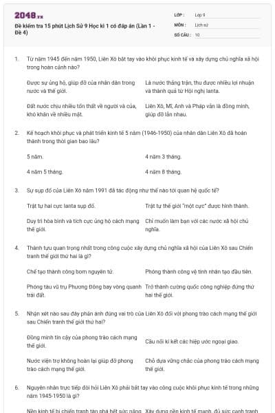 Đề kiểm tra 15 phút Lịch Sử 9 Học kì 1 có đáp án (Lần 1 - Đề 4)