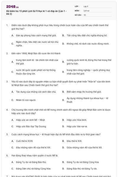 Đề kiểm tra 15 phút Lịch Sử 9 Học kì 1 có đáp án (Lần 1 - Đề 3)