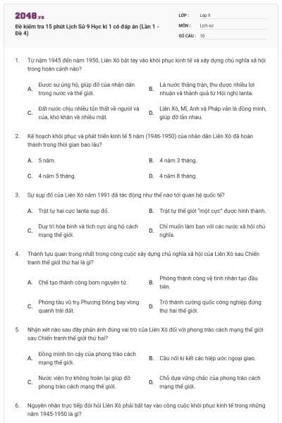 Đề kiểm tra 15 phút Lịch Sử 9 Học kì 1 có đáp án (Lần 1 - Đề 4)