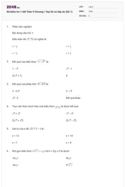 Đề kiểm tra 1 tiết Toán 9 Chương 1 Đại Số có đáp án (Đề 1)