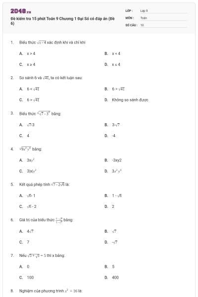Đề kiểm tra 15 phút Toán 9 Chương 1 Đại Số có đáp án (Đề 6)