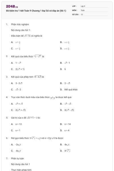 Đề kiểm tra 1 tiết Toán 9 Chương 1 Đại Số có đáp án (Đề 1)