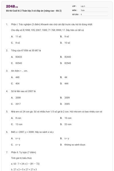 Đề thi Cuối kì 2 Toán lớp 3 có đáp án (nâng cao - Đề 2)