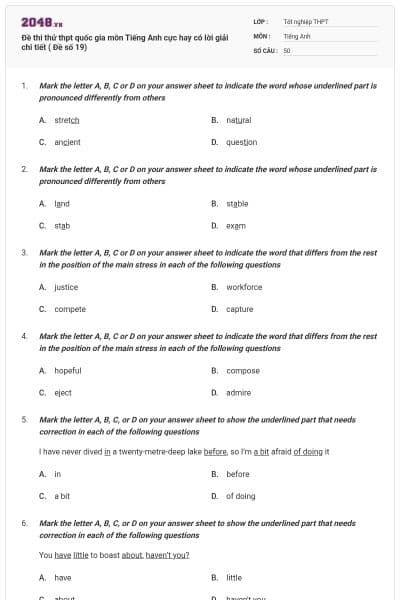 Đề thi thử thpt quốc gia môn Tiếng Anh cực hay có lời giải chi tiết ( Đề số 19)