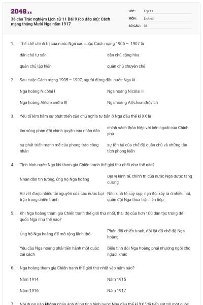 38 câu  Trắc nghiệm Lịch sử 11 Bài 9 (có đáp án): Cách mạng tháng Mười Nga năm 1917