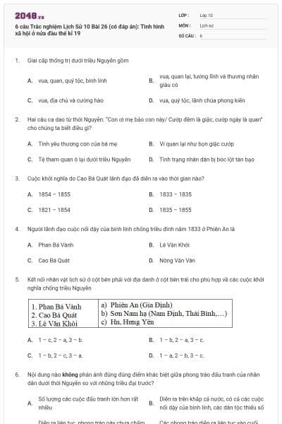 6 câu Trắc nghiệm Lịch Sử 10 Bài 26 (có đáp án): Tình hình xã hội ở nửa đầu thế kỉ 19