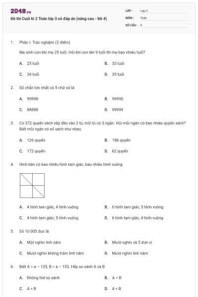 Đề thi Cuối kì 2 Toán lớp 3 có đáp án (nâng cao - Đề 4)