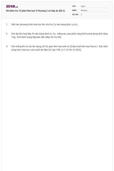 Đề kiểm tra 15 phút Hóa học 9 Chương 2 có đáp án (Đề 2)